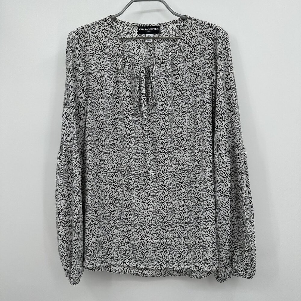 Karl Lagerfeld Women's Tie Front Blouse Size M Career Black And White Print